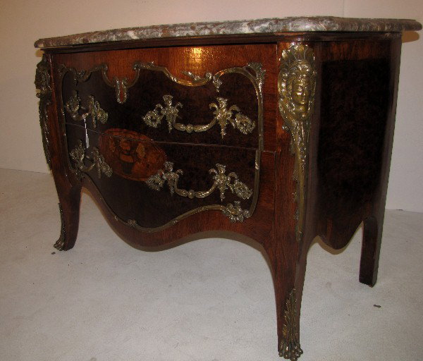Louis XV Jacques Francois-Louis De Laroche bronze-: Louis XV Jacques Francois-Louis De Laroche bronze-mounted parquetry inlaid marble-top commode, French 18th century, mount stamped: de Laroche. H: 33 1/2" W: 49" D: 22 1/2"