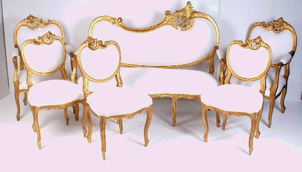 Louis XV style 6 pc gilt-wood salon set, comprised : Louis XV style 6 pc gilt-wood salon set, comprised of a settee, two arm and three side chairs.