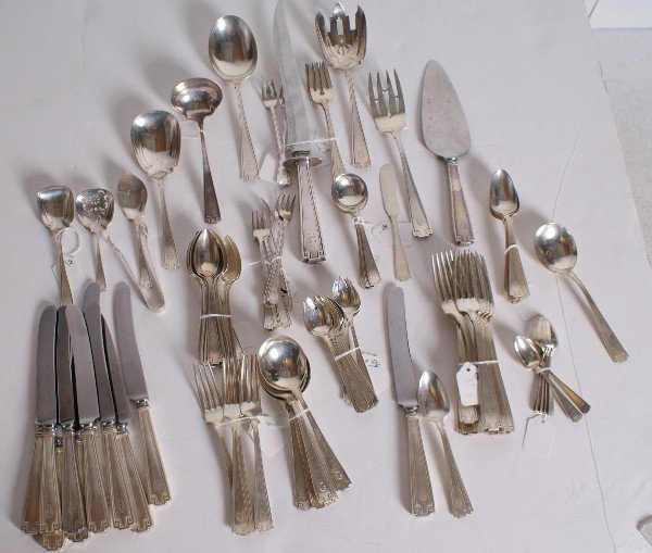 96 Pcs. Gorham Etruscan sterling silver flatware: 96 Pcs. Gorham Etruscan pattern sterling silver flatware service, monogrammed, comprised of: 10 forks (7 5/8"), 8 demitasse spoons, 2 salad forks, 5 forks (7"), 7 teaspoons, 10 orange spoons, 8 ice cr
