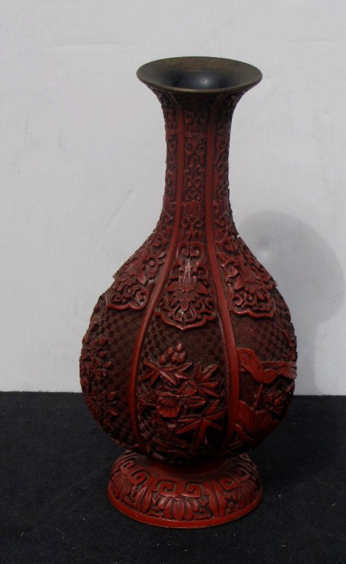 19th century Chinese carved cinnabar lacquer vase,: 19th century Chinese carved cinnabar lacquer vase, 12 1/4"