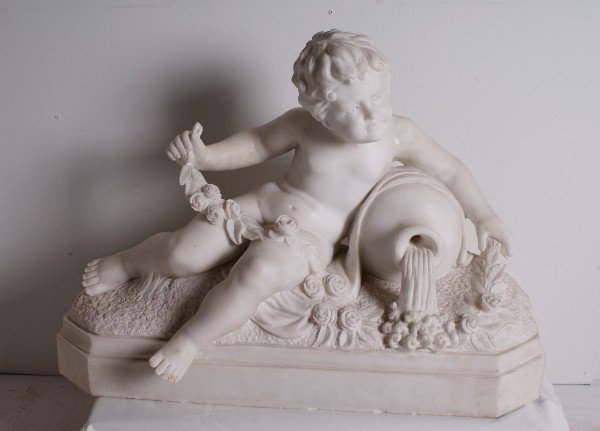 Continental School, carrera marble sculpture of a : Continental School, carrera marble sculpture of a water boy, unsigned. H: 26" W: 36" D: 13"