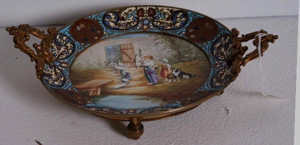 French champlevé enamel and "Sevres" porcelain bro: French champlevé enamel and "Sevres" porcelain bronze footed dish. Diameter over handles: 10 1/4"