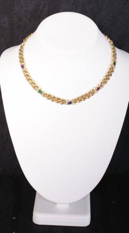 14K Yellow Gold diamond ruby and emerald necklace.: 14K Yellow Gold diamond ruby and emerald necklace. 16"