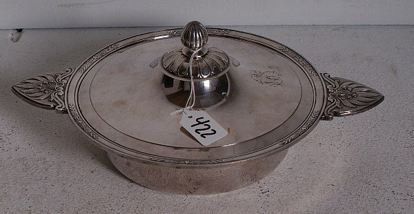 Christofle silver plated covered serving dish. Dia: Christofle silver plated covered serving dish. Diameter over handles: 14"