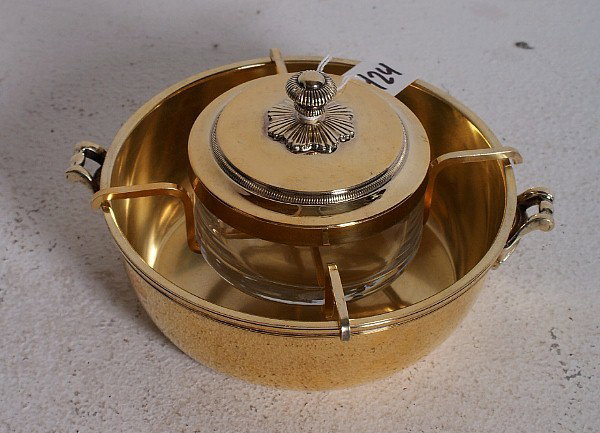 Christofle vermeil caviar dish. Diameter over hand: Christofle vermeil caviar dish. Diameter over handles: 8 1/2"