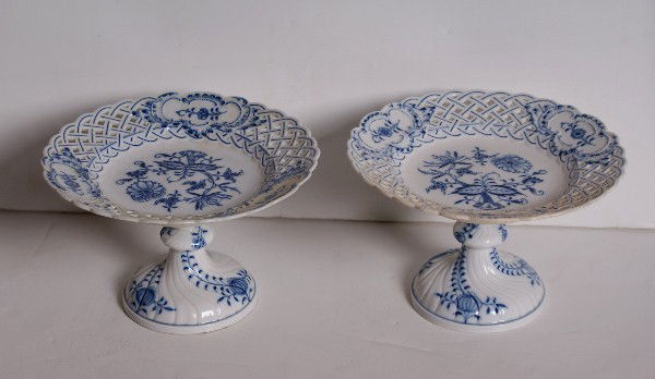 Pair of Meissen blue onion pattern compotes.: Pair of Meissen blue onion pattern compotes, blue crossed sword mark. 5 1/4" Diameter: 8"