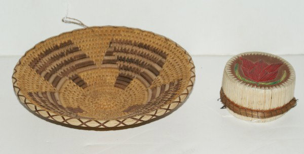 Two Native American woven pieces, an Ojibway porcupi: Two Native American woven pieces, an Ojibway porcupine quill and birch bark circular box with floral design and a woven basket dish. 2 1/2" x 3" and 8 1/8"