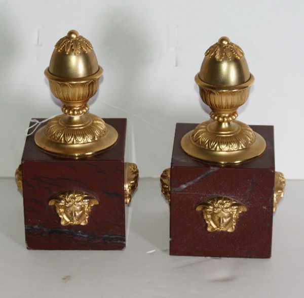 Pair of Versace bronze and marble acorn-form booken: Pair of Versace bronze and marble acorn-form bookends. H: 8 1'2" Square: 4 1/2"
