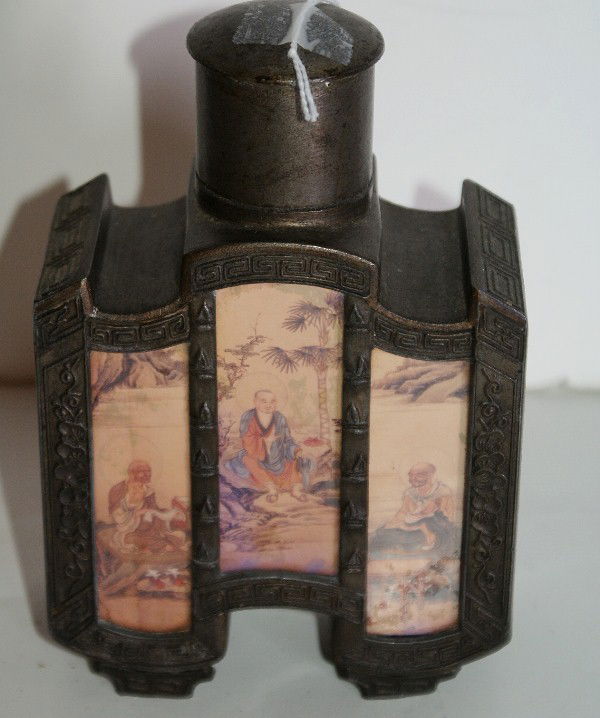 Chinese export patinated metal tea caddy, signed.: Chinese export patinated metal tea caddy, signed. H: 6 1/2" W: 4 1/4" D: 2 1/4"