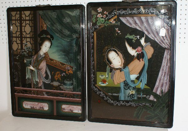 Pair of Chinese reverse paintings on glass depicti: Pair of Chinese reverse paintings on glass depicting a beauty looking at her reflection in a hand mirror and a beauty tending to her plants, probably Republic period. 27 1/2" x 19 1/2"