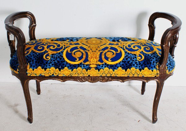 Louis XV style carved mahogany window bench with: Louis XV style carved mahogany window bench with Atelier Versace upholstery. H: 28 1/2" W: 46" D: 18"