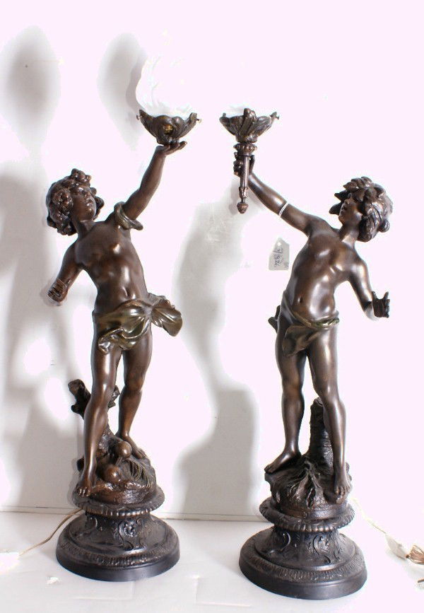 Louis Auguste Moreau, French 1834-1917, pair of fi: Louis Auguste Moreau, French 1834-1917, pair of figural lamps, patinated spelter, signed in the cast: Louis Moreau and foundry marked. H: 28"