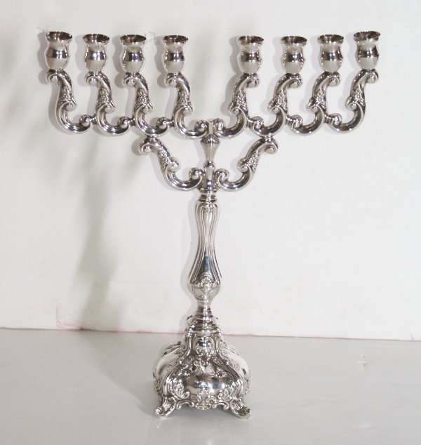 Silver Menorah, H: 14 1/4" W: 12" Note: missing s: Silver Menorah, H: 14 1/4" W: 12" Note: missing shamesh and engraved: With deep appreciation, Alper PPC, Nov. 1, 2003.