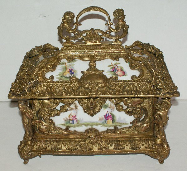 Large Sevres porcelain and bronze casket. Height o: Large Sevres porcelain and bronze casket. Height over handle: 14" W: 14 3/4" D: 10"