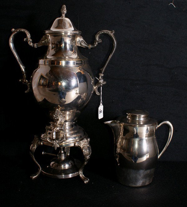 2 silver plated pieces; hot water kettle and a cove: 2 silver plated pieces; hot water kettle and a covered pitcher