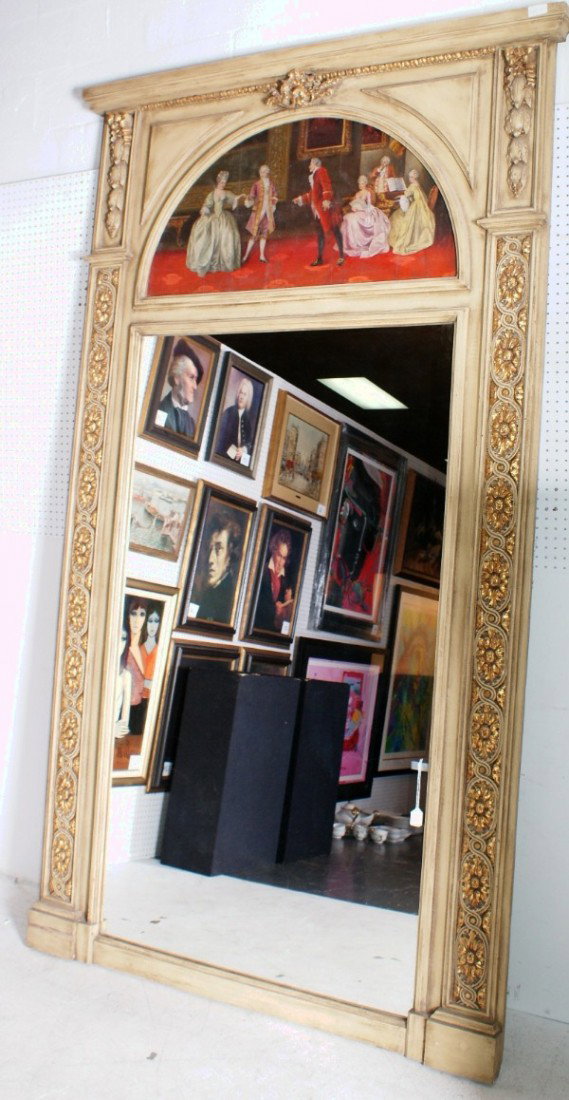 Large Louis XV style carved painted and parcel gi: Large Louis XV style carved painted and parcel gilt trumeau mirror. 106" x 61"