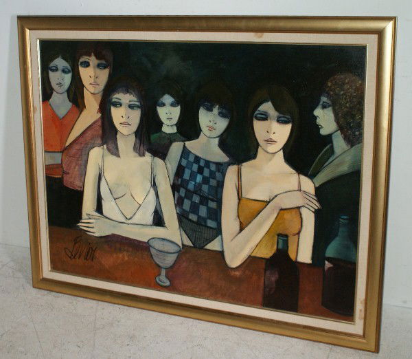 Charles Levier, French 1920-2004, Femmes au Bar,: Charles Levier, French 1920-2004, Femmes au Bar, oil on canvas, signed lower left: Levier, verso: titled and signed. 29 1/2" x 39 1/2"