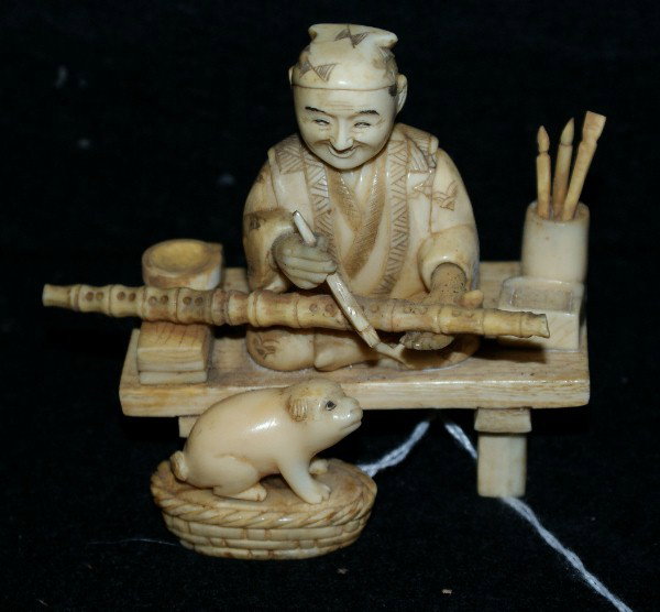 Japanese carved ivory okimono flute maker, signe: Japanese carved ivory okimono flute maker, signed. Ivory: 3 1/4" x 3 3/4"