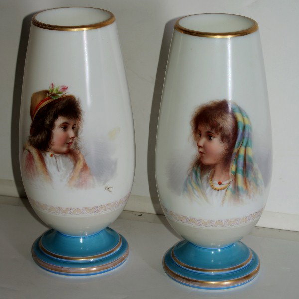 Pair of French 19th century opaline and enamel p: Pair of French 19th century opaline and enamel portrait vases. H: 11 1/2"