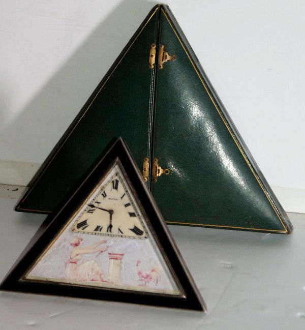 French Art Deco sterling silver and enamel clock: French Art Deco sterling silver and enamel clock, Mappin & Webb, in the original fitted box. 4 7/8" x 6 1/4"