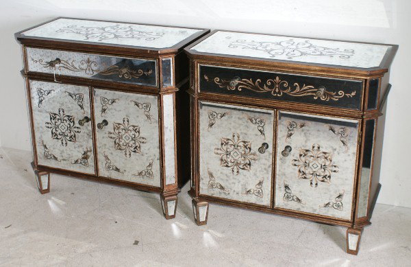 Pair of Venetian style mirrored two-drawer side t: Pair of Venetian style mirrored two-drawer side tables. H: 30" W: 30 1/2" D: 16" .