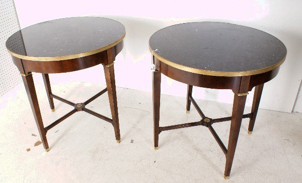 Fine pair of Louis XVI style bronze mounted mahogany: Fine pair of Louis XVI style bronze mounted mahogany marble-top tables. H: 28 1/2" Diameter: 29 1/4"