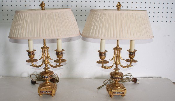 Pair of 19th century French gilt-bronze and chample: Pair of 19th century French gilt-bronze and champlevé enamel two light candelabra mounted as lamps. H: 17 1/2"