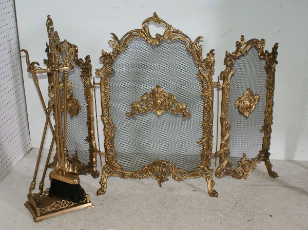 A Fine bronze three-fold French fire screen and a s: A Fine bronze three-fold French fire screen and a set of fireplace tools. H: 30 1/2"