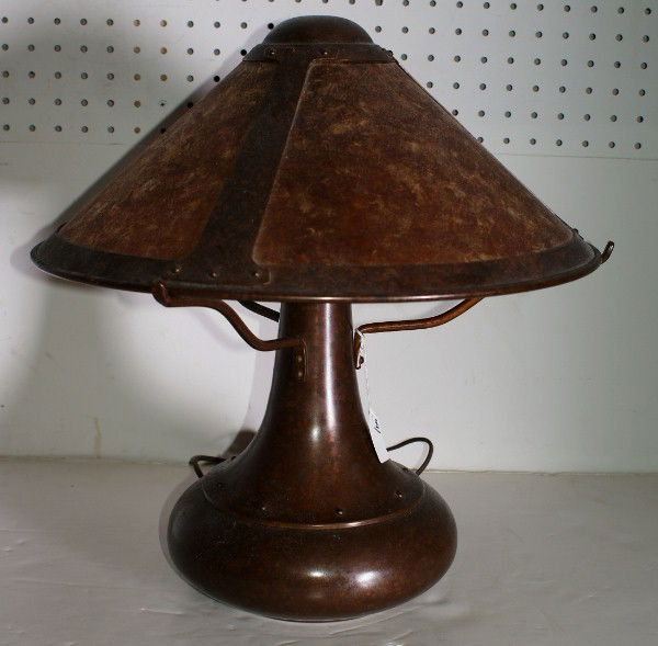 Van Erp style copper and faux mica shade lamp, Mica: Van Erp style copper and faux mica shade lamp, Mica lamp company. H: 16"