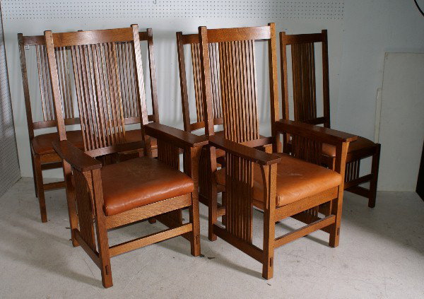 Six Stickley oak dining chairs, 2 arm and 4 side ch: Six Stickley oak dining chairs, 2 arm and 4 side chairs. H: 48 1/2"