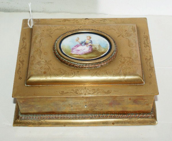 French 19th century engraved bronze and porcel: French 19th century engraved bronze and porcelain mounted jewel box. H: 3 1/4" W: 7 1/2" D: 5 3/4"