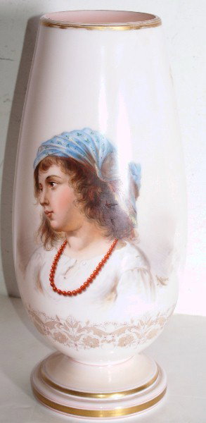 Large French 19th century Opaline enamel decorated: Large French 19th century Opaline enamel decorated portrait vase. H: 17 1/2"