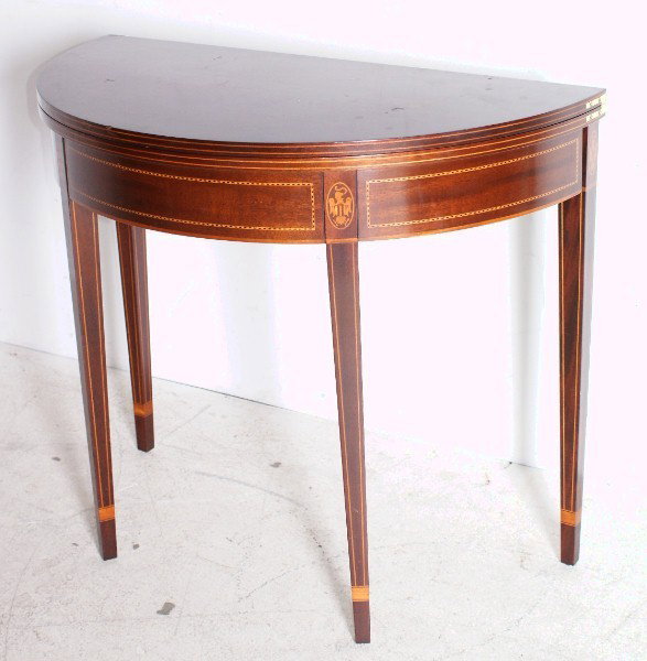 Kindel Furniture Hepplewhite style mahogany and sa: Kindel Furniture Hepplewhite style mahogany and satinwood inlaid card table. H: 30" W: 34 3/4" D: 18" Open: 36"