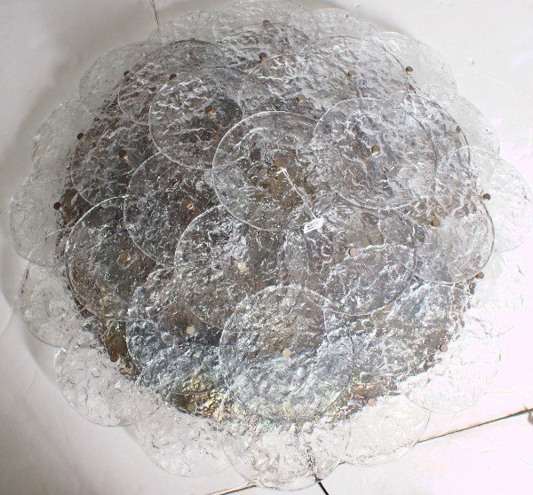 Mid Century Modern Italian glass and chrome ceili: Mid Century Modern Italian glass and chrome ceiling light possibly Venini . H: 5" Diameter: 34"