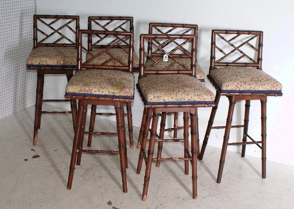 Six Regency style faux bamboo bar stools. H: 36 1/: Six Regency style faux bamboo bar stools. H: 36 1/4"