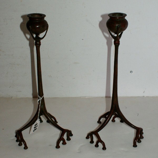 Pair of Tiffany Studios bronze root candlesticks: Pair of Tiffany Studios bronze root candlesticks, 1899-1920, stamped: Tiffany Studios, New York. H: 12 1/4"