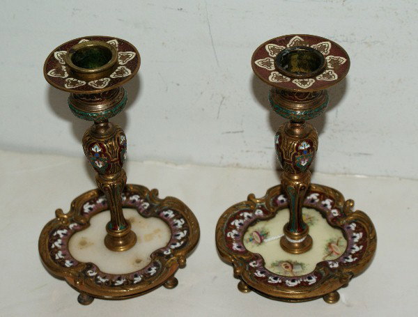 Pair of French champlevé enamel and candlesticks: Pair of French champlevé enamel and candlesticks, circa 1900. H: 6 1/2"