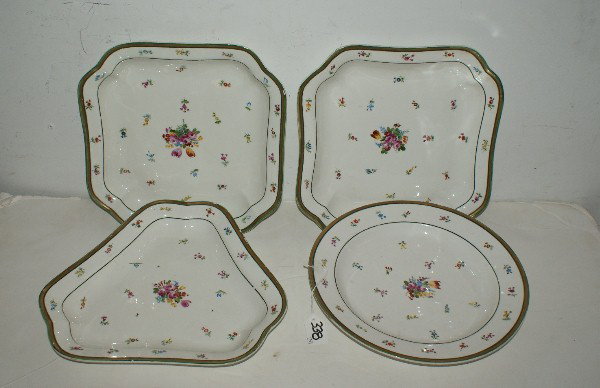 Four Royal Vienna floral decorated serving pieces: Four Royal Vienna floral decorated serving pieces, three platters and a large bowl. Bowl: 12" En suite to previous lot.