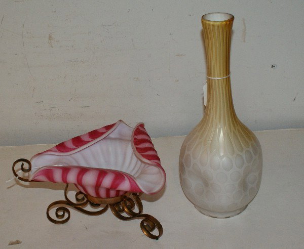 Two satin glass pieces; a vase and a bowl on metal s: Two satin glass pieces; a vase and a bowl on metal stand. Tallest: 12 1/2"