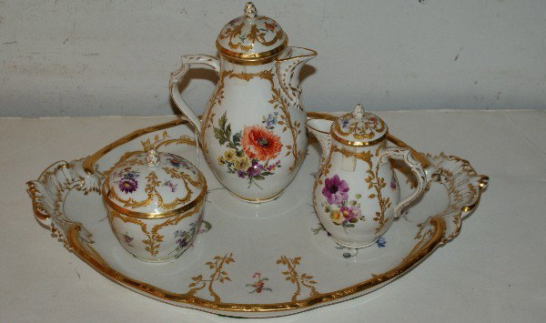 KPM porcelain four-piece chocolate set with tray. Ch: KPM porcelain four-piece chocolate set with tray. Chocolate pot: 8"
