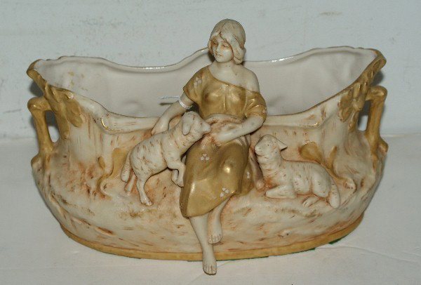 Royal Dux Art Nouveau figural centerpiece with impr: Royal Dux Art Nouveau figural centerpiece with impressed numerals 1968 and large raised pink triangle mark "Royal Dux Bohemia". H: 5 1/4" W: 10 1/4" D: 5 3/4"