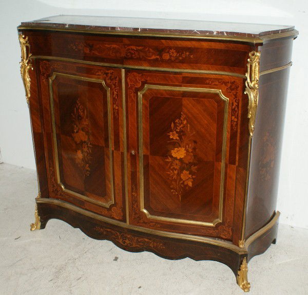 19th C French Louis XVI style ormolu-mounted mahog: 19th C French Louis XVI style ormolu-mounted mahogany and marquetry inlaid two-door cabinet in the manner of Henry Dasson with a serpentine marble top over a conforming case with two cabinet doors enc