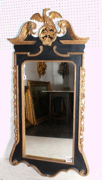 George III style carved painted and parcel gilt mi: George III style carved painted and parcel gilt mirror with eagle crest. 63" x 29 1/2"