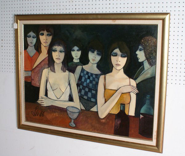 Charles Levier, French 1920-2004, Femmes au Bar, o: Charles Levier, French 1920-2004, Femmes au Bar, oil on canvas, signed lower left: Levier and titled and signed on verso. Sight size: 29 1/2" x 41"