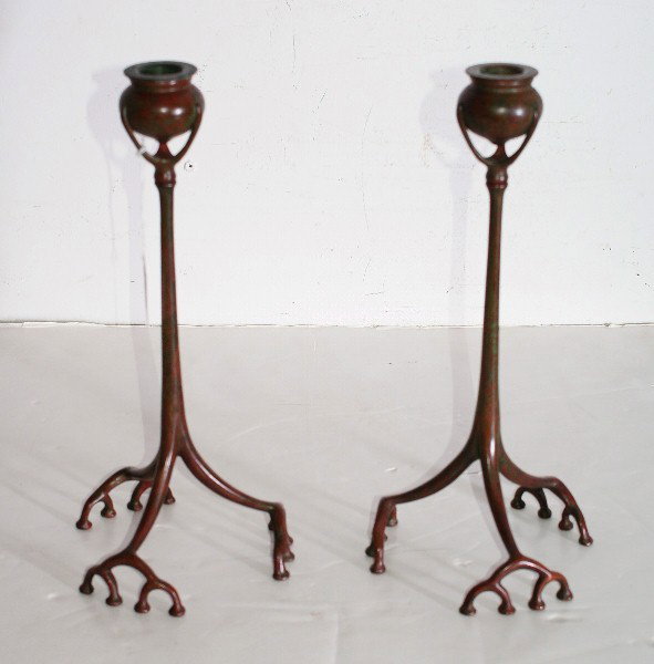 Pair of Tiffany Studios bronze root candlesticks, : Pair of Tiffany Studios bronze root candlesticks, 1899-1920, stamped: Tiffany Studios, New York. H: 12 1/4"