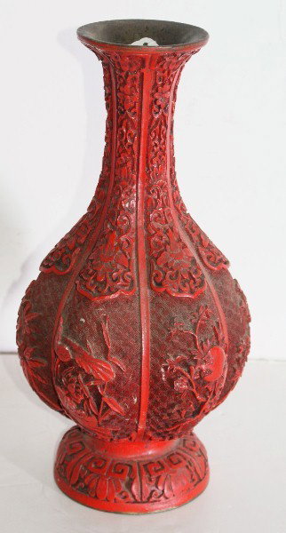 Chinese carved cinnabar lacquer vase. H: 12 1/2": Chinese carved cinnabar lacquer vase. H: 12 1/2"