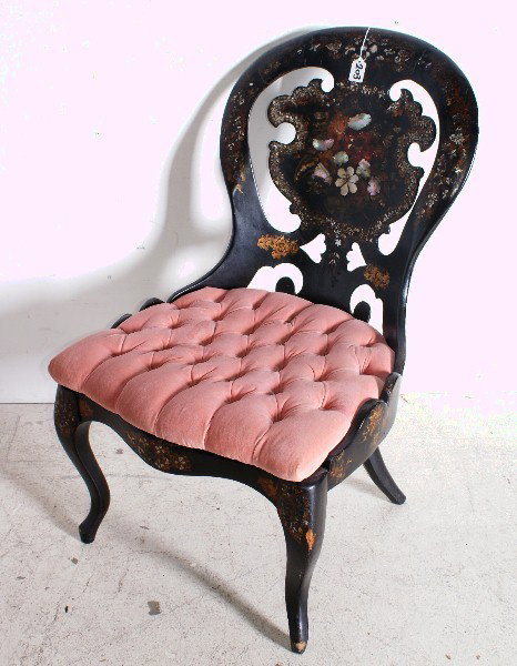 English Victorian papier mache and mother-of-pearl: English Victorian papier mache and mother-of-pearl inlaid side chair. H: 34"
