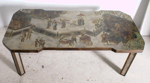 Philip and Kelvin LaVerne bronze coffee table; the: Philip and Kelvin LaVerne bronze coffee table; the underside with the original paper label: Philip LaVerne Galleries, Ltd., Su-Tao. H: 17 1/4" W: 48" D: "23"