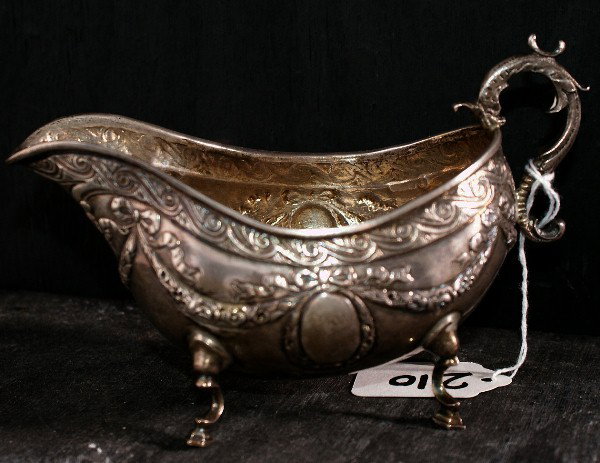 Georgian style sterling silver gravy boat: Georgian style sterling silver gravy boat, hallmarked London JB in a heart shape punch. 6.10 troy ounces