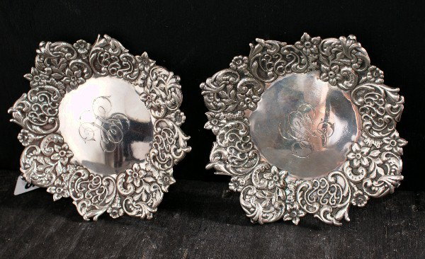 Two George C. Shreve: Two George C. Shreve & Co. repousse nut dishes. 5.46 troy ounces